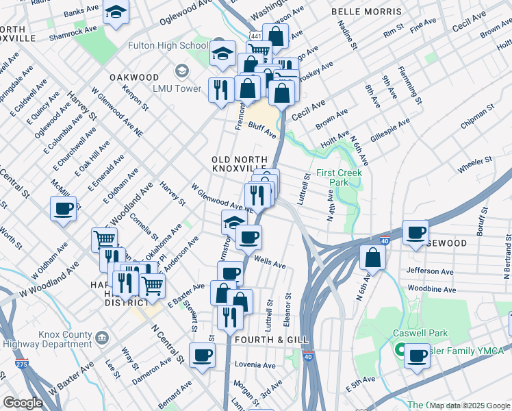 map of restaurants, bars, coffee shops, grocery stores, and more near 1400 North Broadway in Knoxville