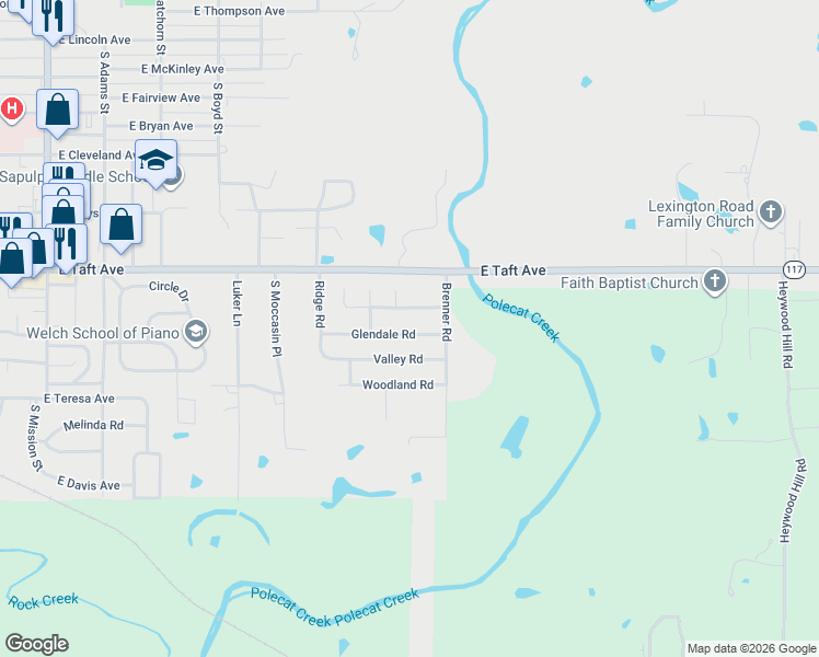 map of restaurants, bars, coffee shops, grocery stores, and more near 1925 Glendale Road in Sapulpa