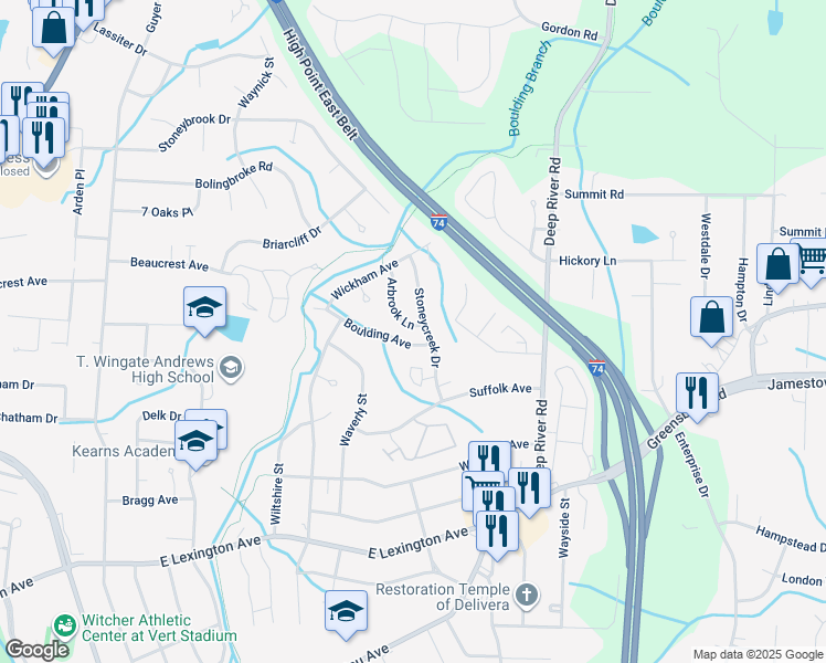 map of restaurants, bars, coffee shops, grocery stores, and more near 1923 Boulding Avenue in High Point