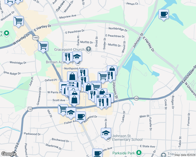 map of restaurants, bars, coffee shops, grocery stores, and more near 224 Northpoint Avenue in High Point