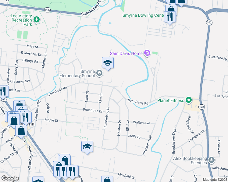 map of restaurants, bars, coffee shops, grocery stores, and more near 1100 Sam Davis Road in Smyrna