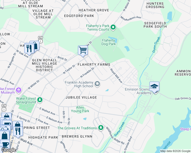 map of restaurants, bars, coffee shops, grocery stores, and more near 624 Flaherty Avenue in Wake Forest