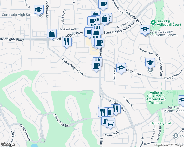 map of restaurants, bars, coffee shops, grocery stores, and more near 2640 Pecos Ridge Parkway in Henderson