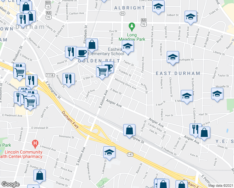 map of restaurants, bars, coffee shops, grocery stores, and more near 1302 East Main Street in Durham