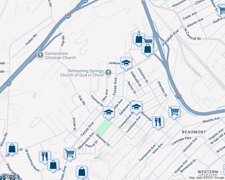 map of restaurants, bars, coffee shops, grocery stores, and more near 1219 Texas Avenue in Knoxville