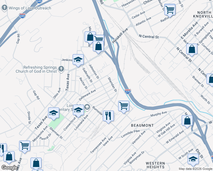 map of restaurants, bars, coffee shops, grocery stores, and more near 1016 Delaware Avenue in Knoxville