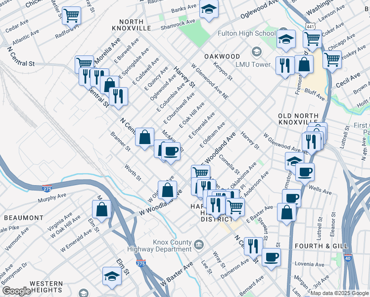 map of restaurants, bars, coffee shops, grocery stores, and more near 204 E Emerald Ave in Knoxville