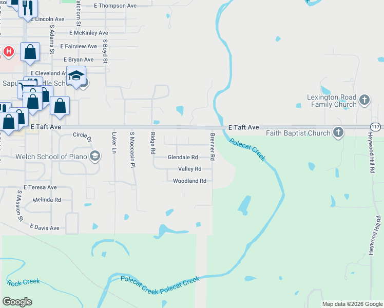 map of restaurants, bars, coffee shops, grocery stores, and more near 1817 Glendale Road in Sapulpa