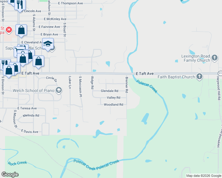 map of restaurants, bars, coffee shops, grocery stores, and more near 1817 Glendale Road in Sapulpa