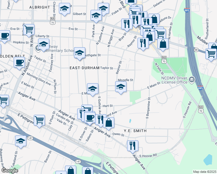 map of restaurants, bars, coffee shops, grocery stores, and more near 106 North Briggs Avenue in Durham
