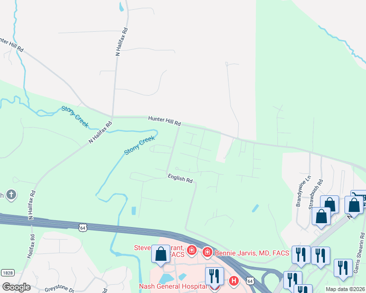 map of restaurants, bars, coffee shops, grocery stores, and more near 6927 Peppermill Way in Rocky Mount