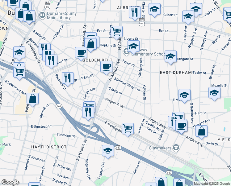 map of restaurants, bars, coffee shops, grocery stores, and more near 1302 East Main Street in Durham