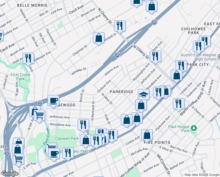 map of restaurants, bars, coffee shops, grocery stores, and more near 2313 East Glenwood Avenue in Knoxville