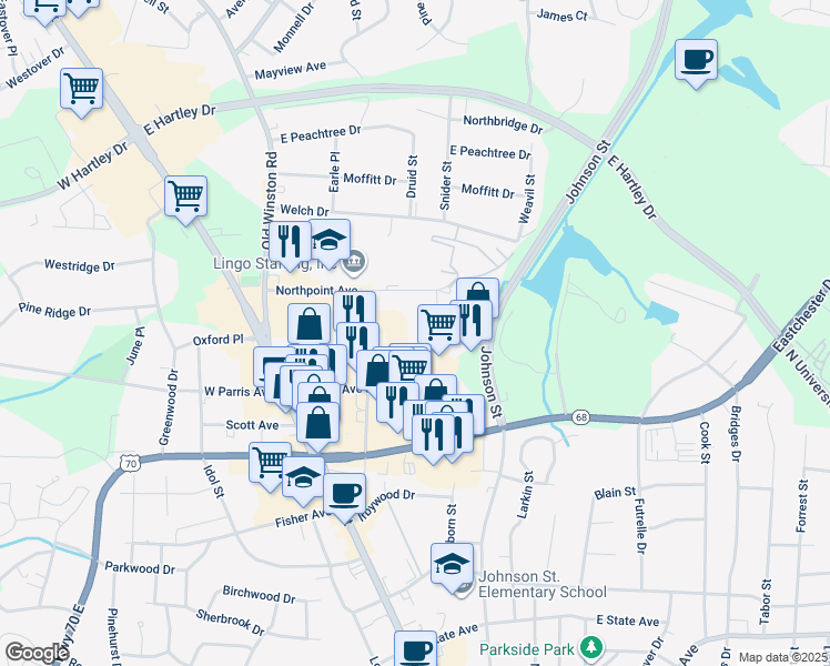 map of restaurants, bars, coffee shops, grocery stores, and more near 224 Northpoint Avenue in High Point