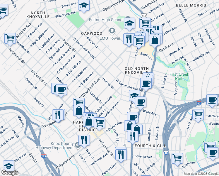 map of restaurants, bars, coffee shops, grocery stores, and more near 428 East Scott Avenue in Knoxville