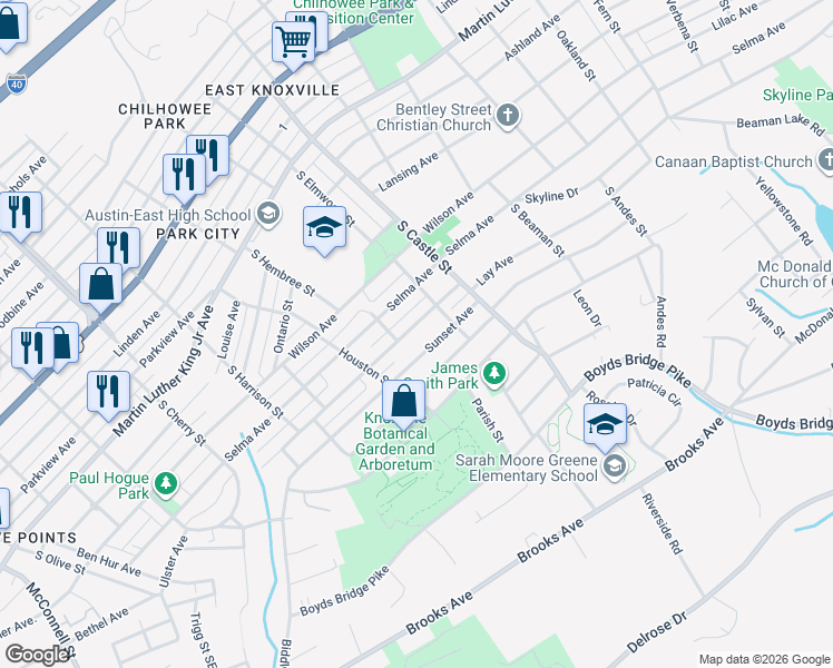 map of restaurants, bars, coffee shops, grocery stores, and more near 2912 Hillside Avenue in Knoxville