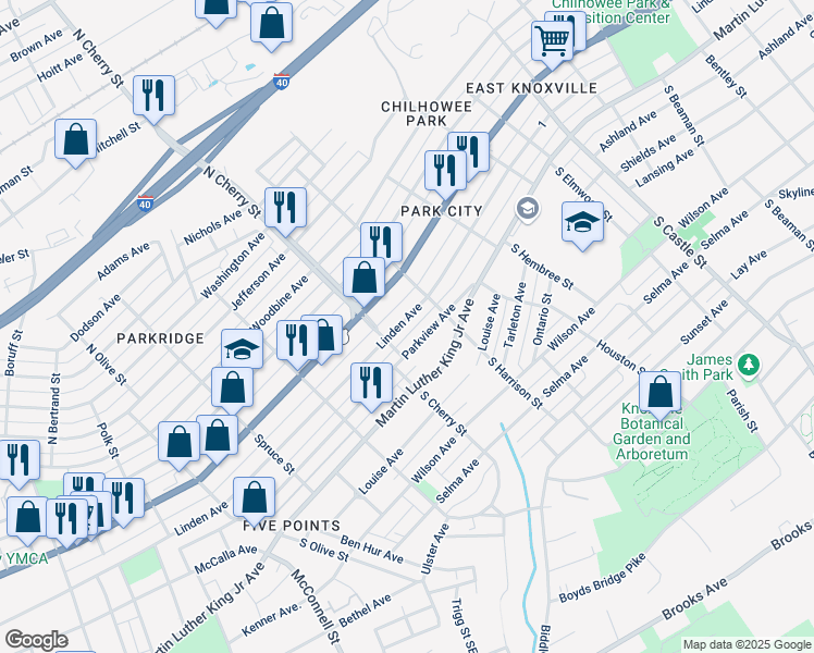 map of restaurants, bars, coffee shops, grocery stores, and more near 2620 Linden Avenue in Knoxville
