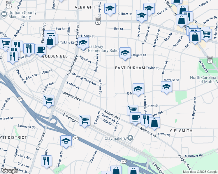 map of restaurants, bars, coffee shops, grocery stores, and more near 113 North Hyde Park Avenue in Durham