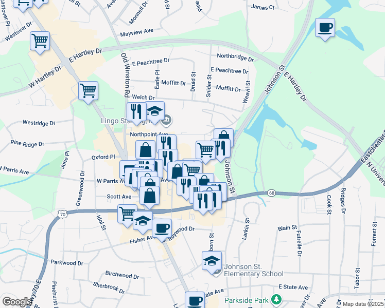 map of restaurants, bars, coffee shops, grocery stores, and more near 224 Northpoint Avenue in High Point