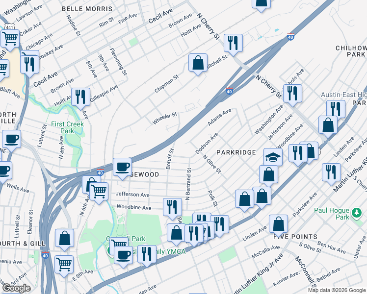 map of restaurants, bars, coffee shops, grocery stores, and more near 1340 Boruff Street in Knoxville