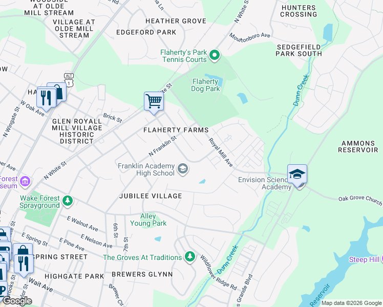 map of restaurants, bars, coffee shops, grocery stores, and more near 624 Groveton Trail in Wake Forest