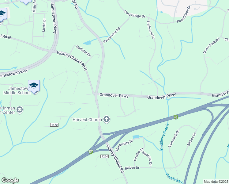 map of restaurants, bars, coffee shops, grocery stores, and more near 5204 Grandover Parkway in Greensboro