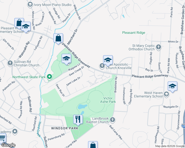 map of restaurants, bars, coffee shops, grocery stores, and more near 5205 Vanardo Way in Knoxville