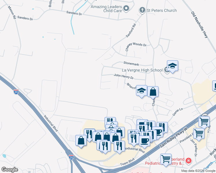 map of restaurants, bars, coffee shops, grocery stores, and more near 637 Martinsdale Court in La Vergne