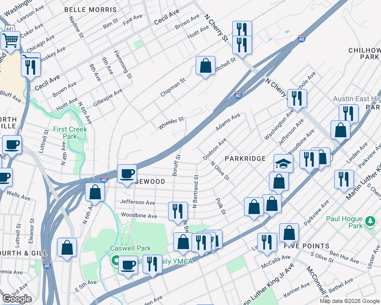 map of restaurants, bars, coffee shops, grocery stores, and more near 1340 Boruff Street in Knoxville