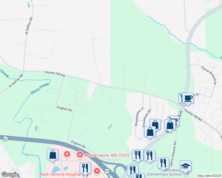 map of restaurants, bars, coffee shops, grocery stores, and more near 1117 Rosebud Drive in Rocky Mount