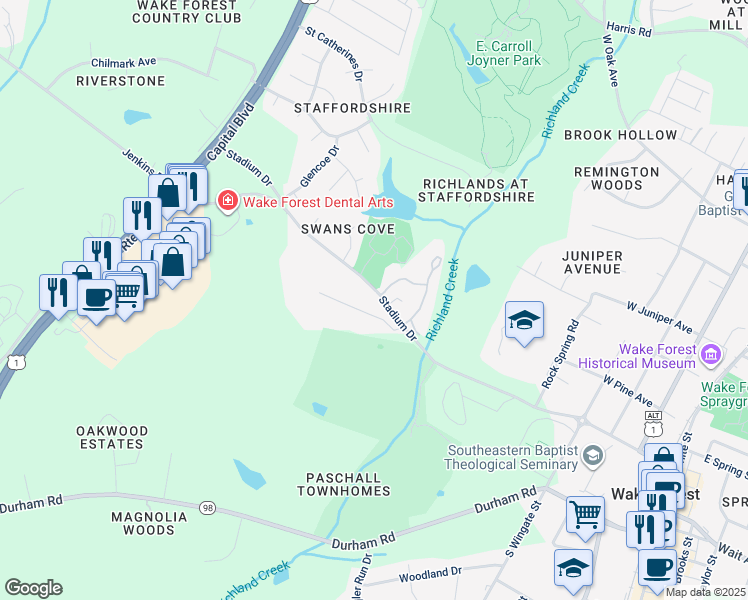 map of restaurants, bars, coffee shops, grocery stores, and more near 729 Stadium Drive in Wake Forest