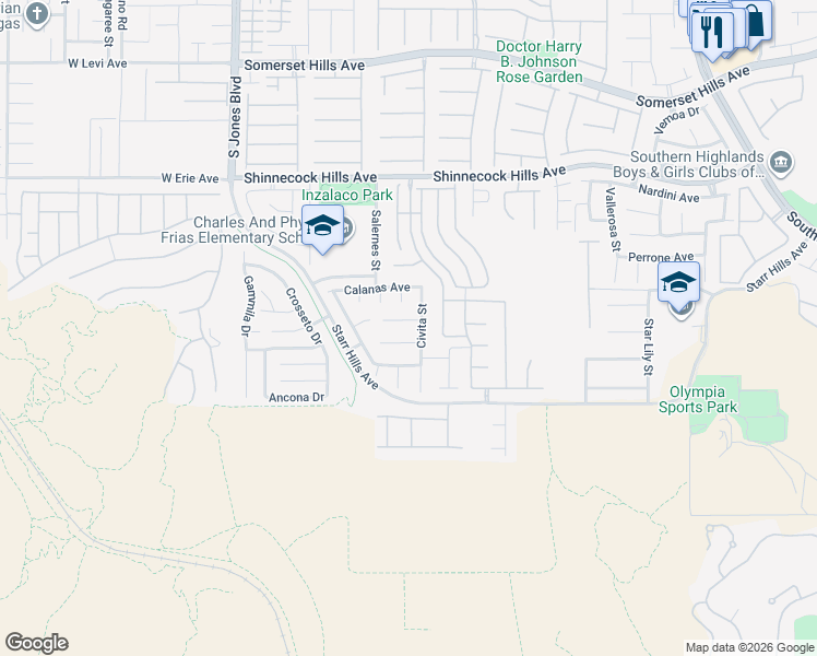 map of restaurants, bars, coffee shops, grocery stores, and more near 5643 Almocita Court in Las Vegas