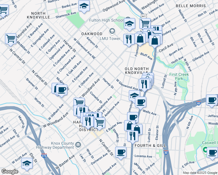 map of restaurants, bars, coffee shops, grocery stores, and more near 428 East Scott Avenue in Knoxville