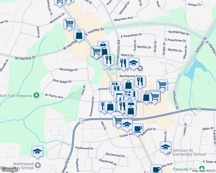 map of restaurants, bars, coffee shops, grocery stores, and more near 90 Oxford Place in High Point