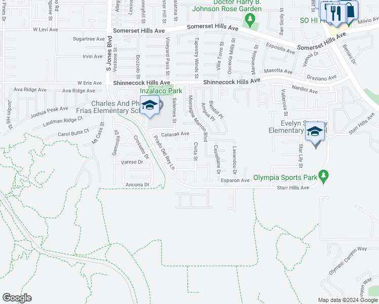 map of restaurants, bars, coffee shops, grocery stores, and more near 5643 Almocita Court in Las Vegas