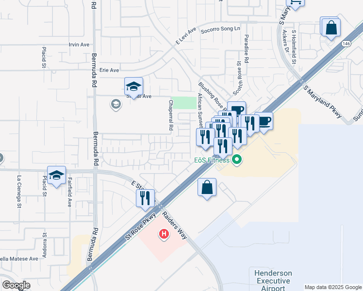 map of restaurants, bars, coffee shops, grocery stores, and more near 3629 Via Messina in Henderson
