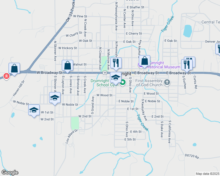 map of restaurants, bars, coffee shops, grocery stores, and more near 124 West Federal Street in Drumright