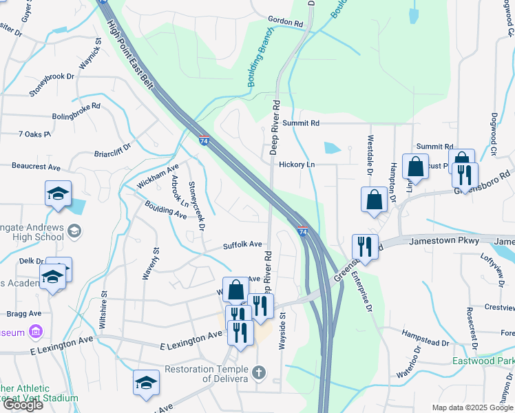 map of restaurants, bars, coffee shops, grocery stores, and more near 2914 Creekview Court in High Point