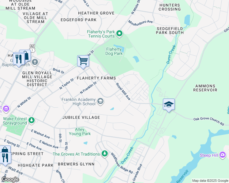map of restaurants, bars, coffee shops, grocery stores, and more near 649 Flaherty Avenue in Wake Forest