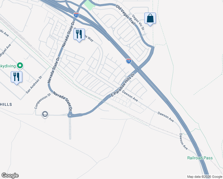 map of restaurants, bars, coffee shops, grocery stores, and more near 1155 Paradise Safari Drive in Henderson