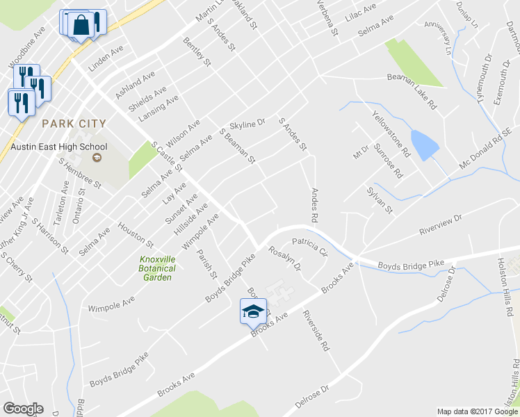 map of restaurants, bars, coffee shops, grocery stores, and more near 3115 Landview Drive in Knoxville