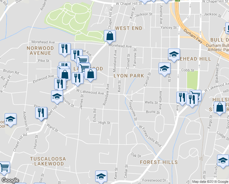 map of restaurants, bars, coffee shops, grocery stores, and more near 1406 West Lakewood Avenue in Durham