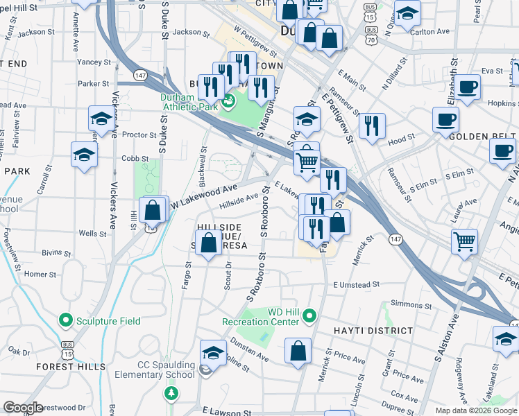 map of restaurants, bars, coffee shops, grocery stores, and more near 800 South Roxboro Street in Durham
