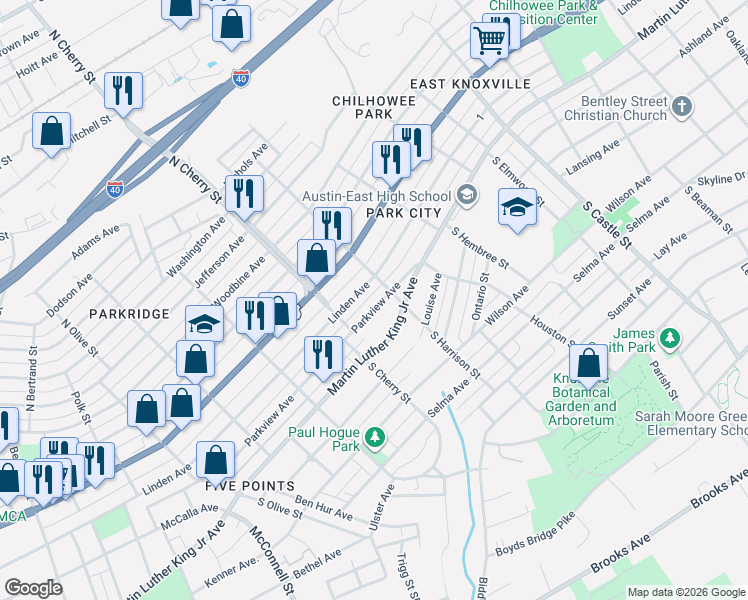 map of restaurants, bars, coffee shops, grocery stores, and more near 2620 Linden Avenue in Knoxville