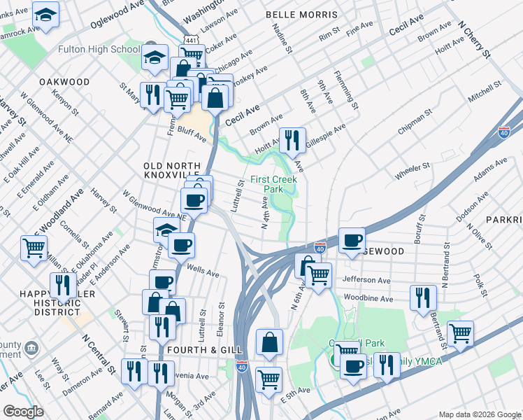 map of restaurants, bars, coffee shops, grocery stores, and more near 1441 North 4th Avenue in Knoxville