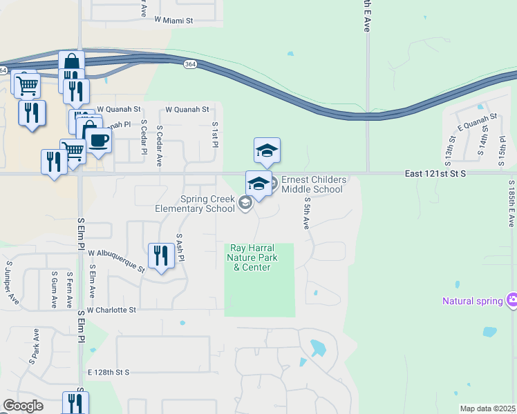 map of restaurants, bars, coffee shops, grocery stores, and more near 6801 South 3rd Street in Broken Arrow