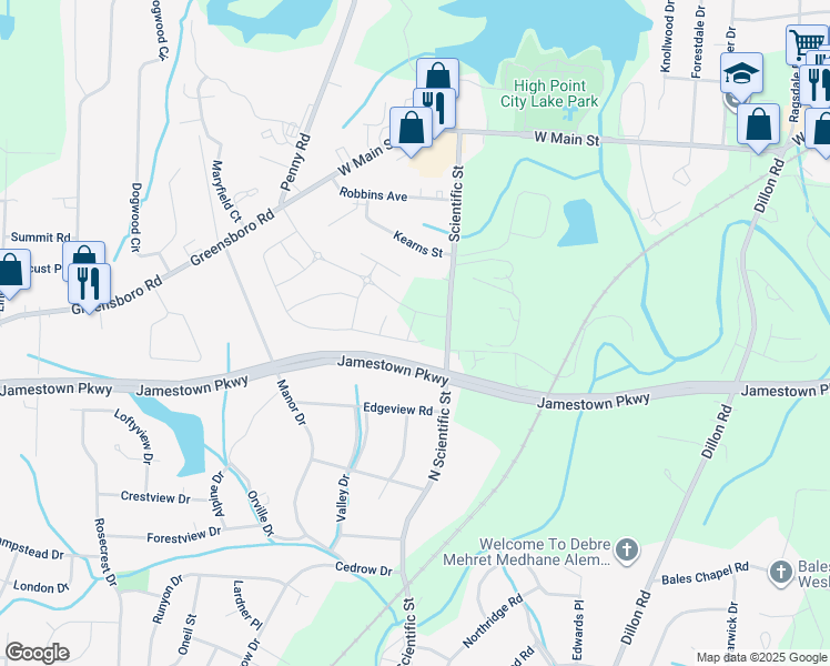 map of restaurants, bars, coffee shops, grocery stores, and more near 604 Florence Mill Lane in High Point