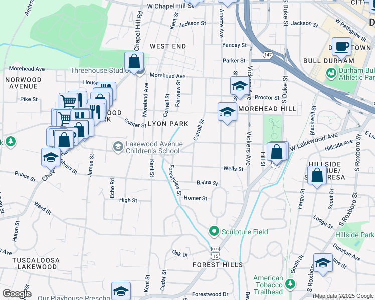 map of restaurants, bars, coffee shops, grocery stores, and more near 1107 West Lakewood Avenue in Durham