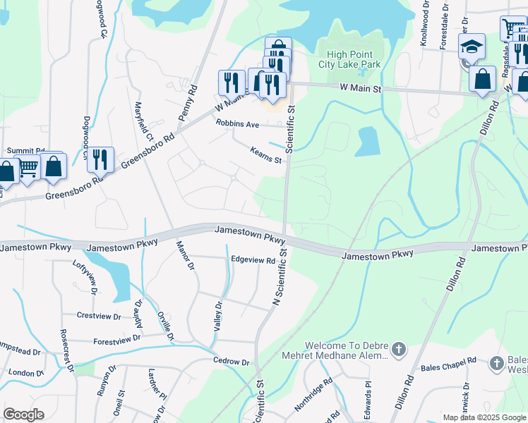 map of restaurants, bars, coffee shops, grocery stores, and more near 604 Florence Mill Lane in High Point