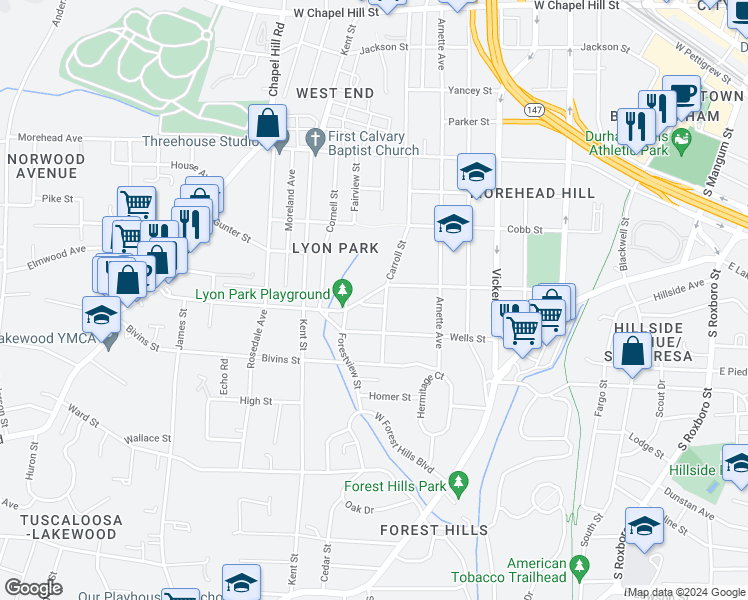 map of restaurants, bars, coffee shops, grocery stores, and more near 1107 West Lakewood Avenue in Durham